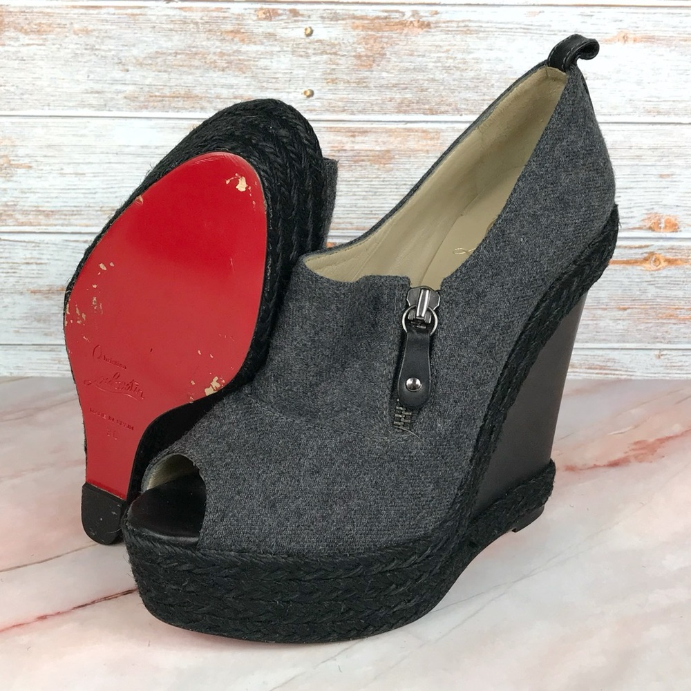 Christian Louboutin Deroba Platform Wedge Peep-toe Gray Espadrille Red Bottoms